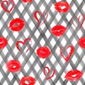 Vintage background with watercolor red hearts, lips, roses on black plaid stripes seamless pattern Royalty Free Stock Photo