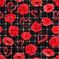 Vintage background with watercolor red hearts, lips, roses on black plaid stripes seamless pattern Royalty Free Stock Photo