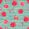 Vintage background with watercolor red hearts, lips, roses on black stripes seamless pattern Royalty Free Stock Photo