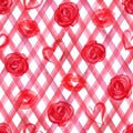 Vintage background with watercolor red hearts, lips, roses on red plaid stripes seamless pattern Royalty Free Stock Photo