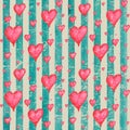 Vintage background with watercolor red hearts on teal turquoise stripes seamless pattern Royalty Free Stock Photo