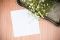 Background with white flowers, antique tray