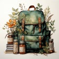 Vintage Backpack with Botanical Illustration and Aged Books.