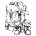 Vintage Backpack with Hat and leathery old retro Boots. Hand drawn vector illustration of travel equipment for adventure Royalty Free Stock Photo