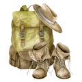 Vintage Backpack with Hat and leathery old retro Boots. Hand drawn watercolor illustration of travel equipment on white