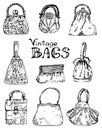 Vintage bags. Vector hand-drawn illustration. Lady bags, wallets and purses.