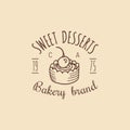 Vintage bakery logo. Vector typographic poster with cake. Retro emblem of sweet cookie. Biscuit sign. Desert emblem. Royalty Free Stock Photo