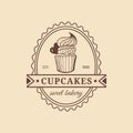 Vintage bakery logo. Vector typographic poster with cake. Retro emblem of sweet cookie. Biscuit sign. Desert emblem. Royalty Free Stock Photo