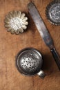 Vintage Baking utensils - sifter, spatula, tins and moulds Royalty Free Stock Photo