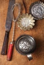 Vintage Baking utensils - sifter, whisk, spatula, tins and moul Royalty Free Stock Photo