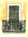 Vintage balcony with flower pots and wrought iron railings - watercolor hand-painted illustration