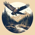 Vintage Bald Eagle Flying Over Forest T-shirt Design Royalty Free Stock Photo