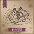 Vintage banana split dessert sketch on old paper background. Royalty Free Stock Photo