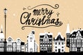 Vintage banner Merry Christmas, winter Europe old town cityscape. Urban landscape greeting card. Vector illustration Royalty Free Stock Photo