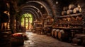 Vintage bar with wooden barrels in old wine cellar. Perspective inside luxury storage of winery. Concept of vineyard, viticulture