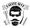 Vintage Barber shop logo. Men`s hair, mustache, beard, straight razor, comb and scissors.