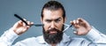 Vintage barber shop, shaving. Portrait bearded man. Mustache men. Brutal guy, scissors, straight razor. Bearded client Royalty Free Stock Photo