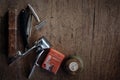 Vintage barber shop tools on wood texture background