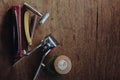 Vintage barber shop tools on wood texture background Royalty Free Stock Photo