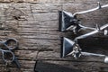 Vintage barber shop tools on wooden background. Masculine, flat lay, top view. Horizontal