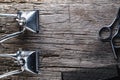 Vintage barber shop tools on wooden background. Masculine, flat lay, top view. Horizontal