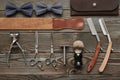 Vintage barber shop tools on wooden background Royalty Free Stock Photo