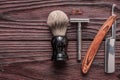 Vintage barber shop tools on wooden background Royalty Free Stock Photo