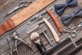 Vintage barber shop tools on wooden background