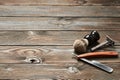 Vintage barber shop tools on wooden background Royalty Free Stock Photo