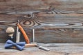 Vintage barber shop tools on wooden background Royalty Free Stock Photo