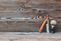 Vintage barber shop tools on wooden background Royalty Free Stock Photo