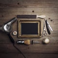 Vintage barber tools and black canvas with a frame Royalty Free Stock Photo