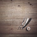 Vintage barber tools on wood desk Royalty Free Stock Photo