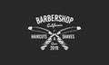 Vintage barbershop emblem isolated on black background. Trendy barber shop poster with crossed blades. Vector illustration Royalty Free Stock Photo