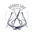 Vintage barbershop or hairdressing salon emblem, scissors and straight razor, barber shop logo Royalty Free Stock Photo