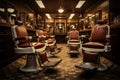 Vintage barbershop interior with leather chairs. Generative AI