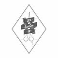 Vintage barbershop logo in gray color. In it hairdressing scissors wrapped in a ribbon. On the tape label