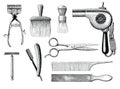 Vintage barbershop tools hand drawing engraving style Royalty Free Stock Photo