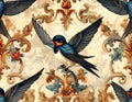 Vintage Barn Swallow Bird and Damask Pattern Royalty Free Stock Photo
