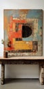 Vintage Barn Wood Sign With Distressed Textile Art - Fauve Painter Chaim Soutine And Frank Stella Style