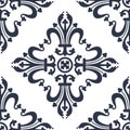 Vintage baroque ornament, damask floral seamless pattern, vector illustration. Navy blue oriental tracery on white background,