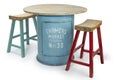 Vintage barrel table with two modern high chairs, Royalty Free Stock Photo