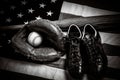 Vintage baseball gear on a American flag background Royalty Free Stock Photo