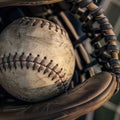 Vintage Baseball and Glove Close-Up Detail Shot Royalty Free Stock Photo