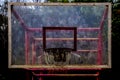 Vintage basketball basket with a lot of ball mark on the transparent board.
