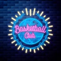 Vintage basketball emblem glowing neon sign on Royalty Free Stock Photo