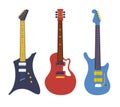 Vintage bass electric rock guitars, string instruments flat vector set