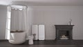 Vintage bathroom in classic space with old fireplace and parquet floor, modern interior