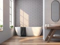 Vintage bathroom with white brick and gray tile wall 3d rendering image Royalty Free Stock Photo