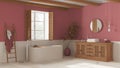 Vintage bathroom in white and red tones, rattan wooden washbasin, bathtub, chest of drawers, mirror, towel rack and decors.